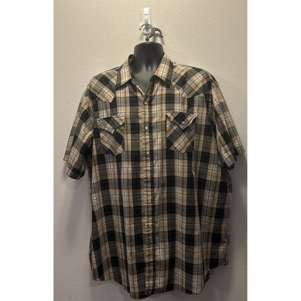 Ely Cattleman Mens XXL Tall Casual Button Up Shirt Brown‎ Plaid  Pearl Snap